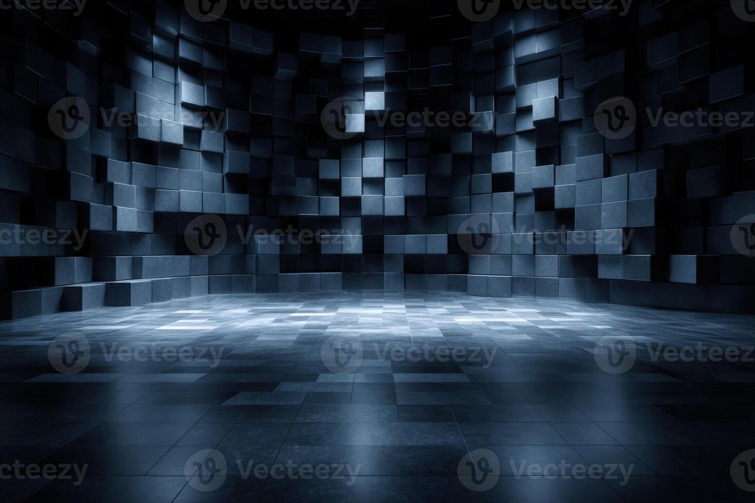 A striking interior space features a variety of dark geometric shapes arranged on walls. The soft illumination creates an atmospheric effect, emphasizing depth and texture within the room. photo