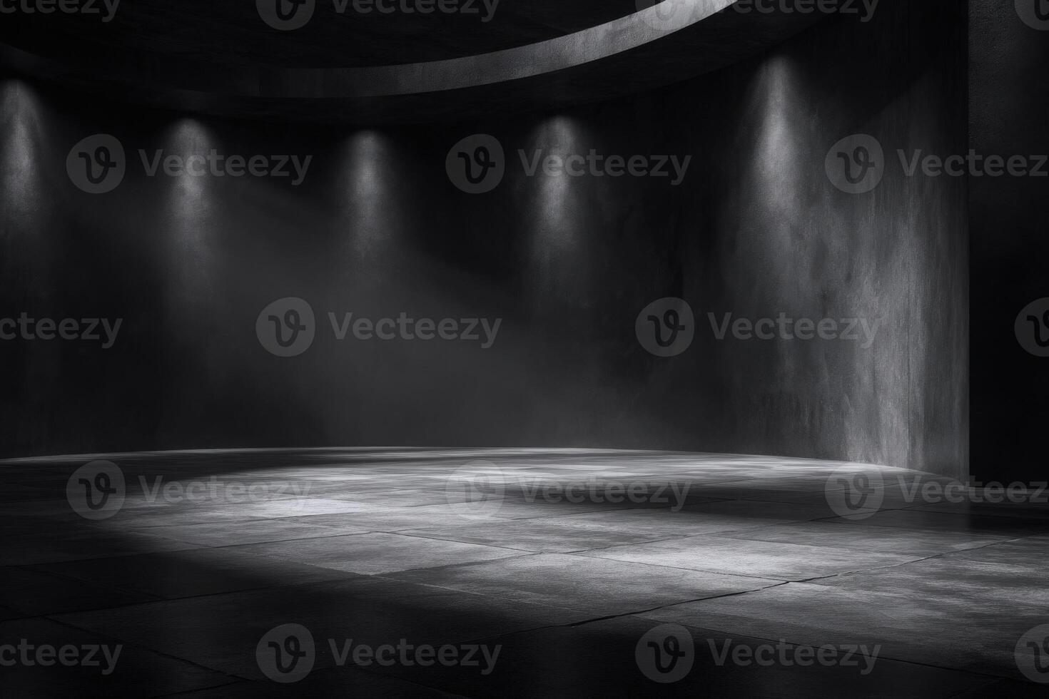 This setting features dark walls and a smooth floor, illuminated by beams of light from above. The atmosphere is moody and dramatic, ideal for creative projects or performances. photo