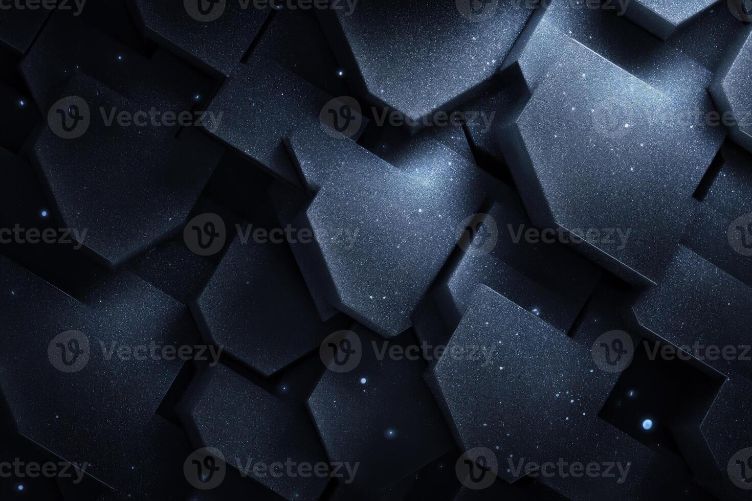 Dark hexagonal shapes create a dynamic, textured background, illuminated by subtle light effects that enhance the three-dimensional appearance. The design evokes depth and modernity. photo