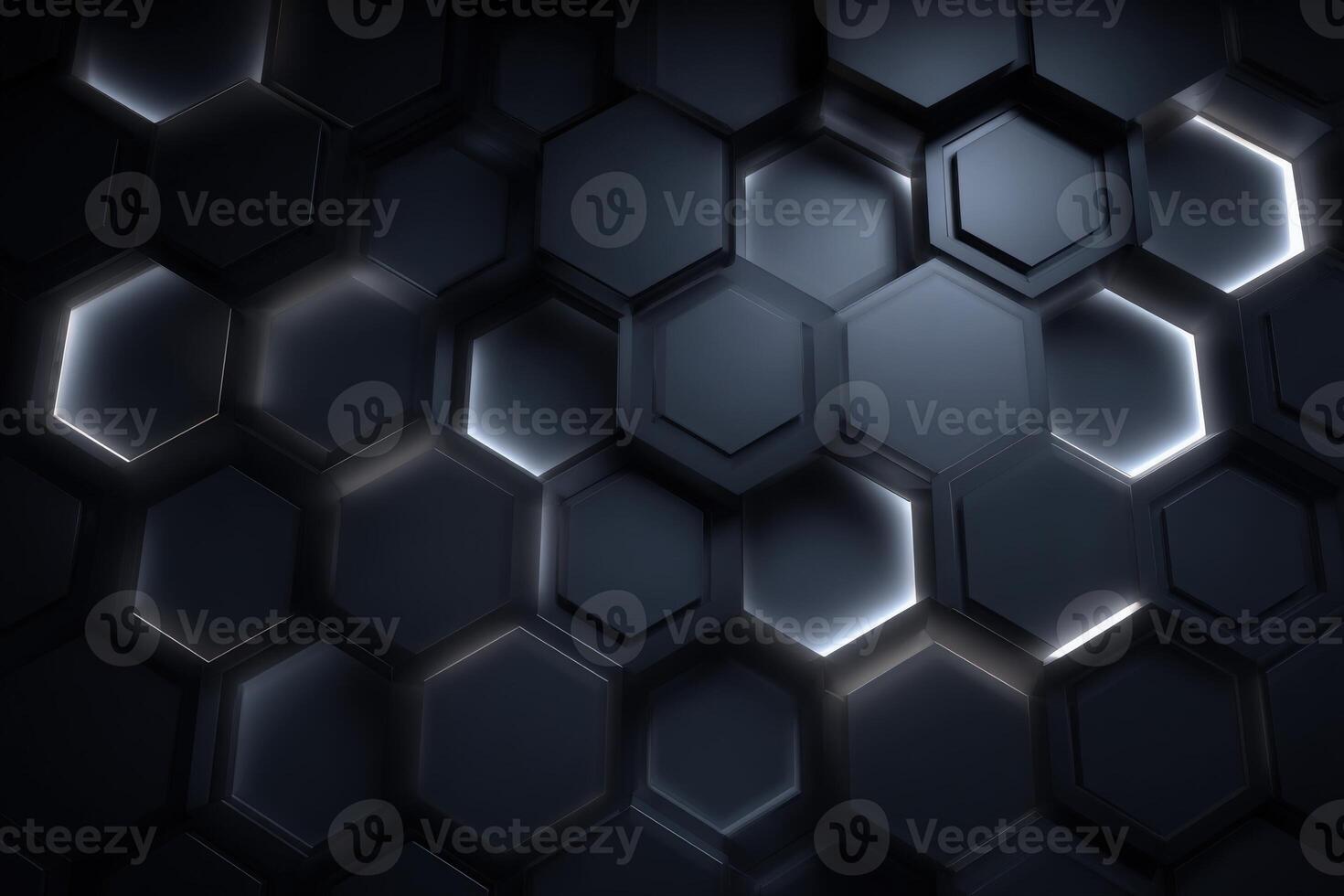 A dark hexagonal pattern fills the space, featuring dimly lit edges that create a sophisticated and modern aesthetic. The design highlights geometric shapes and contrasts well with shadows. photo
