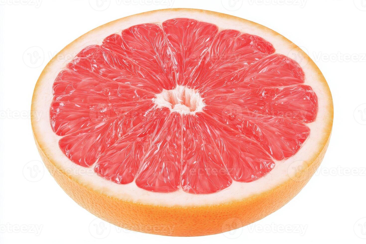 A halved pink grapefruit reveals its juicy, segmented interior, showcasing the rich pink hue and smooth texture. photo