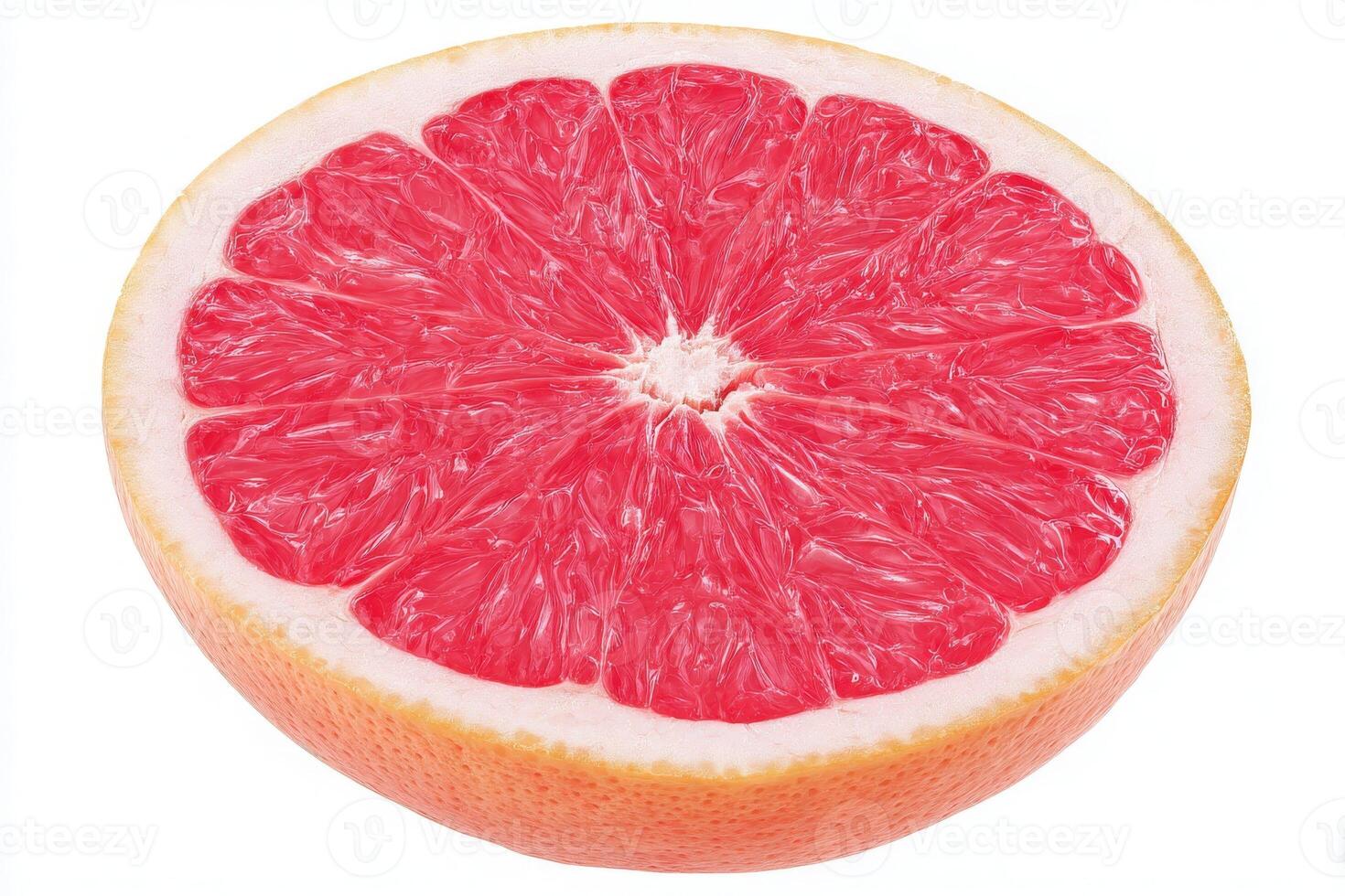 A perfectly sliced grapefruit reveals its bright pink flesh and juicy texture. The fruit is placed on a clean, white background, emphasizing its freshness and natural appeal. photo