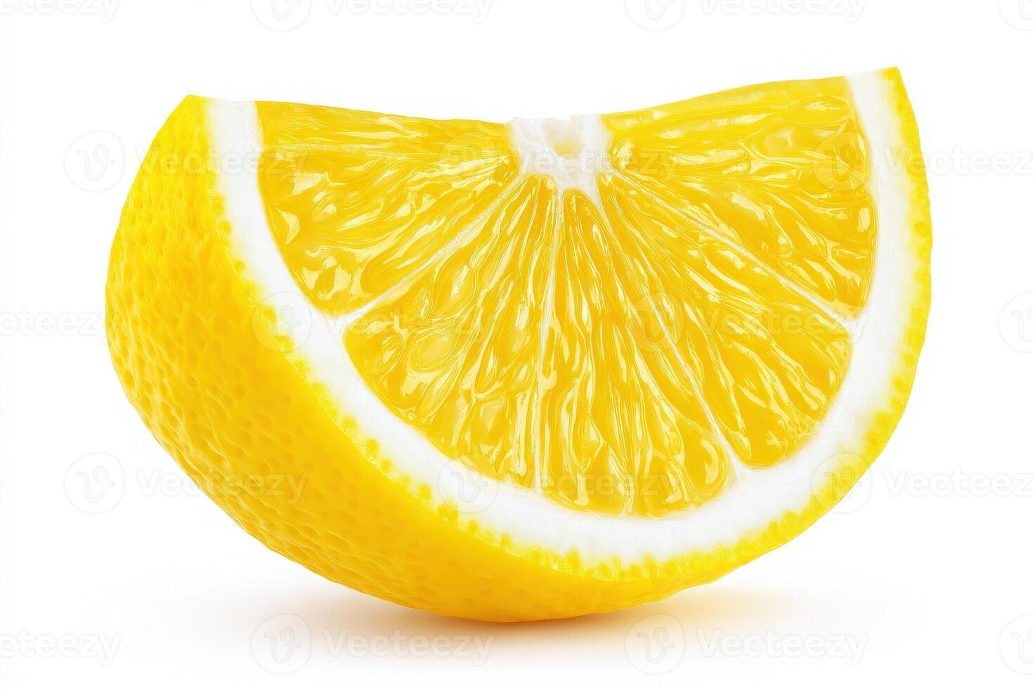 A vibrant lemon wedge reveals its juicy and textured interior. The bright yellow color contrasts with the white rind. This citrus fruit is known for its refreshing taste and aroma. photo