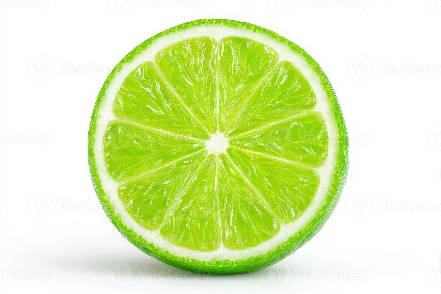 A freshly cut lime slice displays its vibrant green flesh and glistening juice. The circular piece reveals the intricate patterns of the citrus fruit, making it ideal for cooking or garnishing. photo
