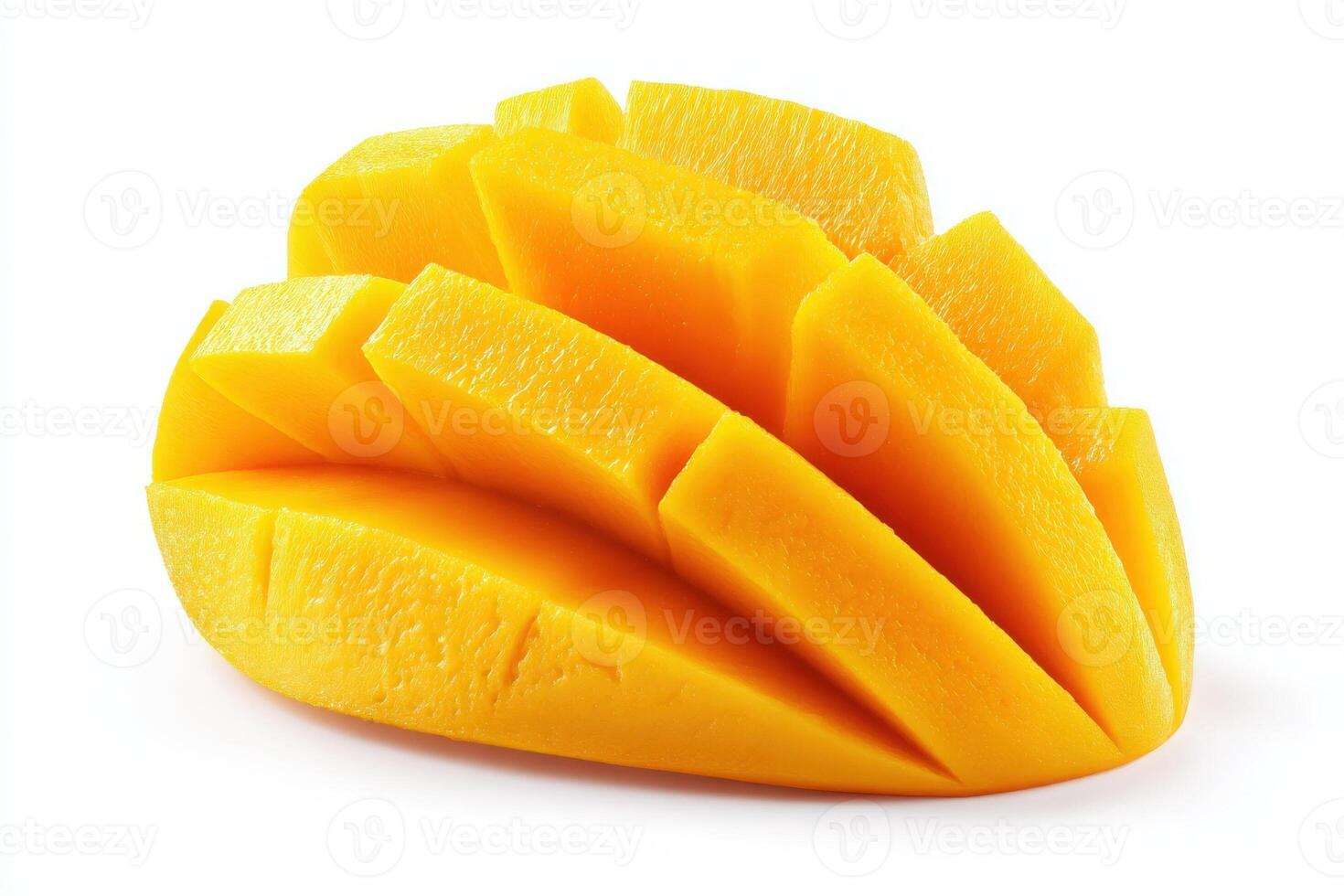 Bright yellow mango is cut into elegant slices, showcasing its juicy texture and inviting color. The arrangement highlights the fruits freshness and makes it visually appealing. photo