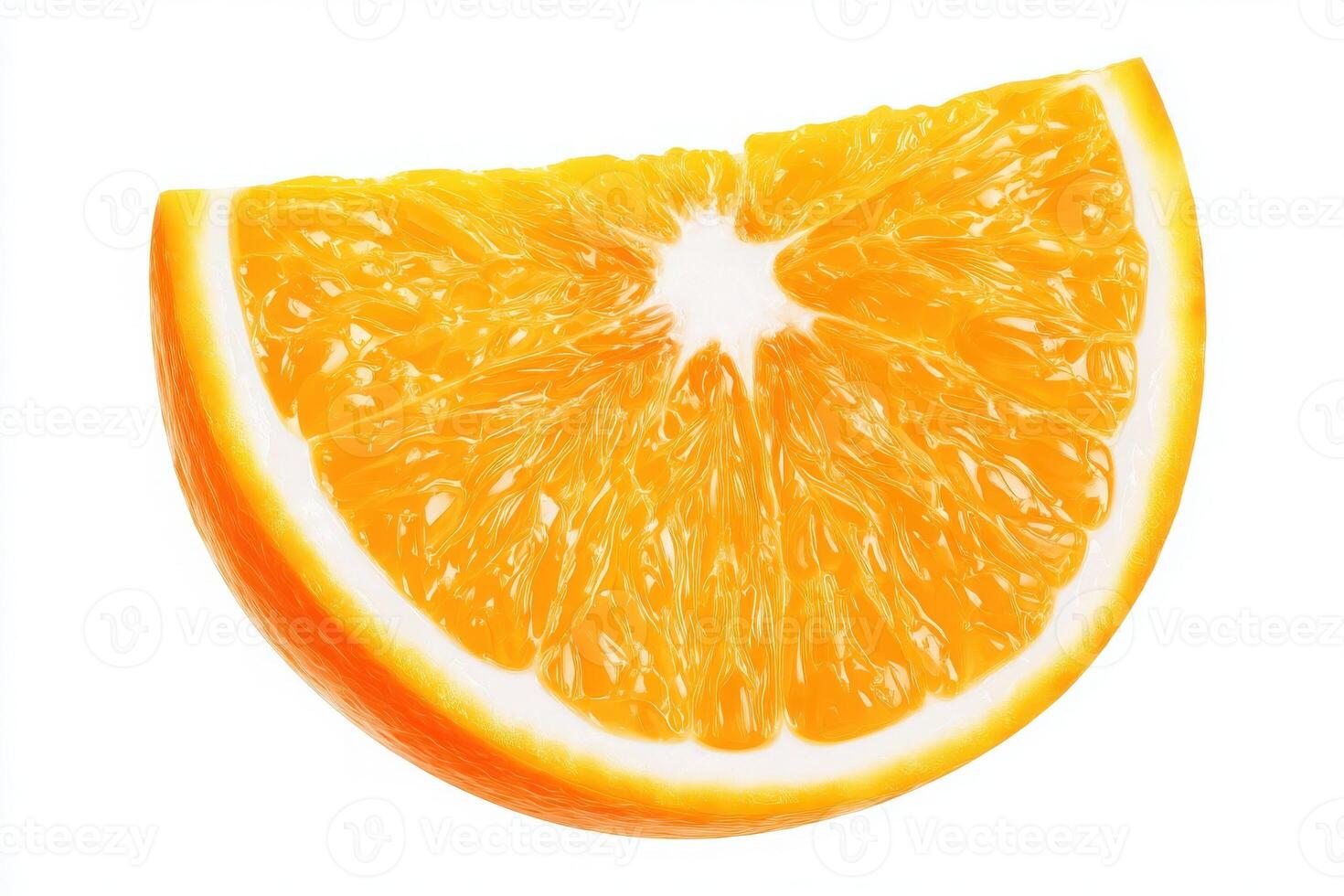 A bright orange slice is positioned against a clean white background, highlighting its juicy segments and rich color. The fruit appears fresh and ready to be enjoyed, symbolizing health and freshness. photo