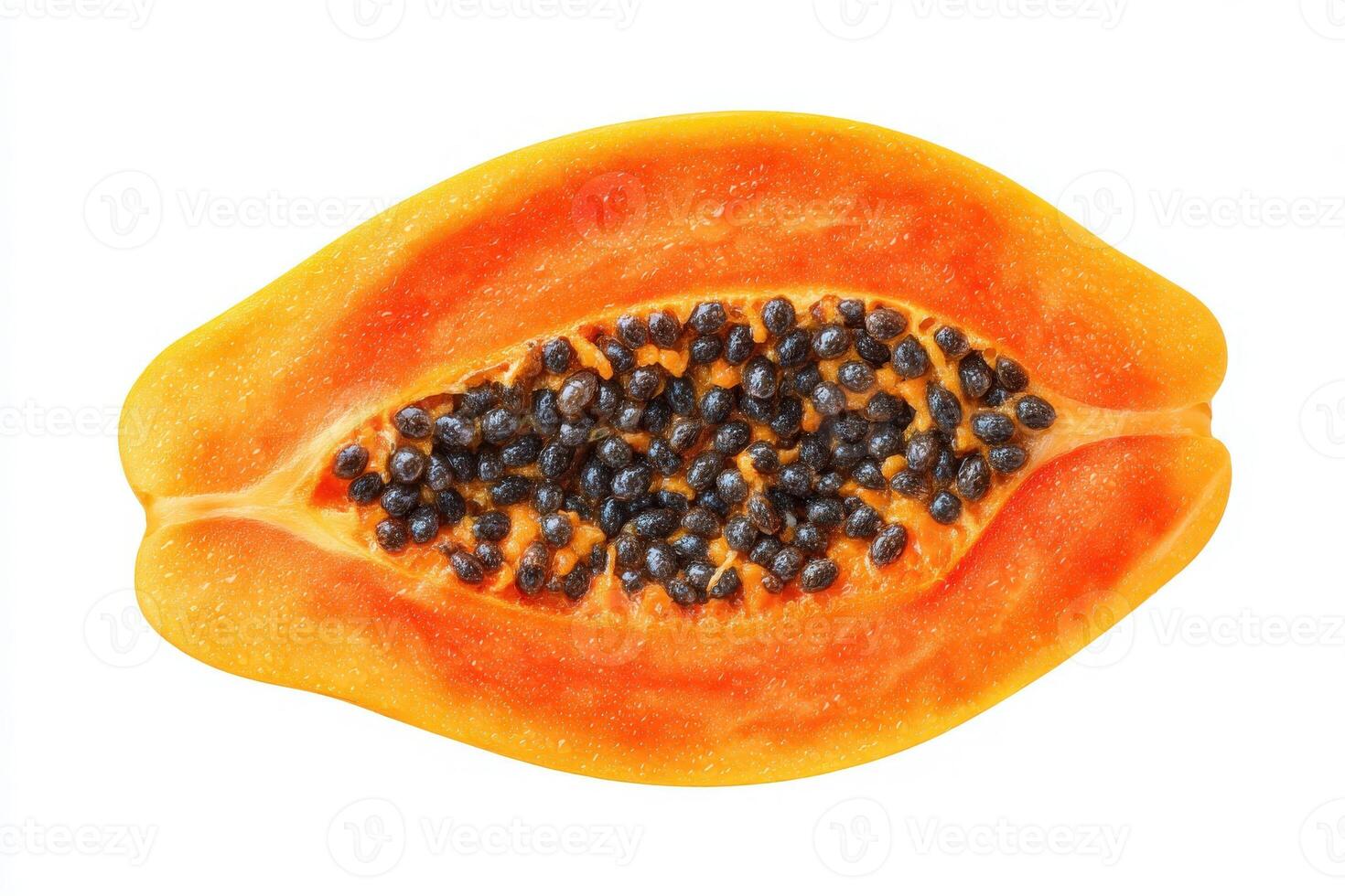 A halved papaya displays its bright orange flesh and numerous black seeds nestled in the middle. The fruit is presented on a plain white background, emphasizing its natural colors. photo