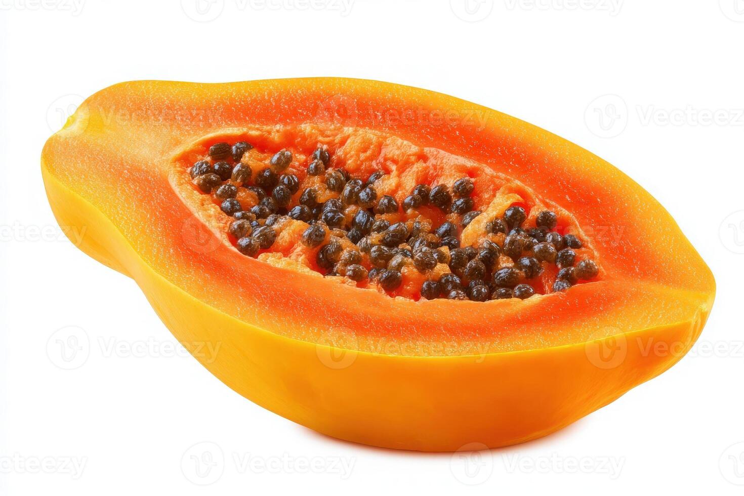 A ripe papaya is halved, revealing its juicy orange flesh dotted with small black seeds. The vibrant colors highlight the tropical nature of this delicious fruit commonly enjoyed in various dishes. photo