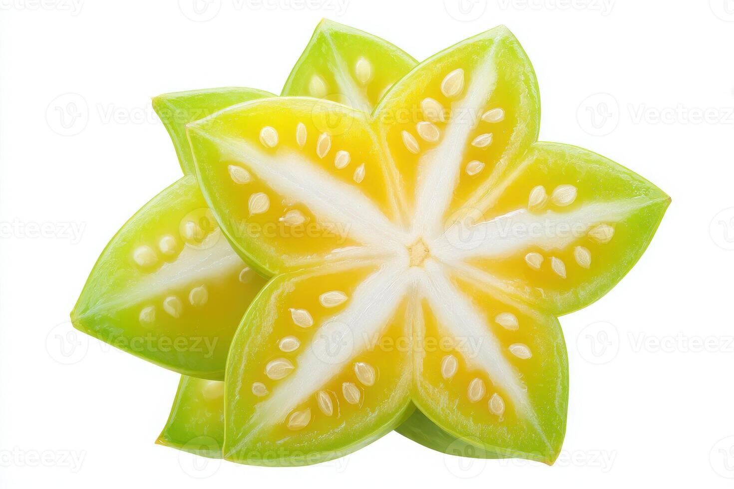 Star fruit is displayed with its vibrant yellow and green segments arranged symmetrically. The fruits distinct star shape reveals juicy seeds, emphasizing its tropical appeal. photo