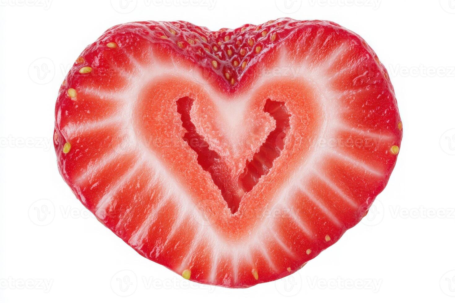 A heart-shaped strawberry is sliced in half, revealing its juicy red flesh and a distinctive pattern. The freshness and vibrant color create an appealing focal point for presentations. photo