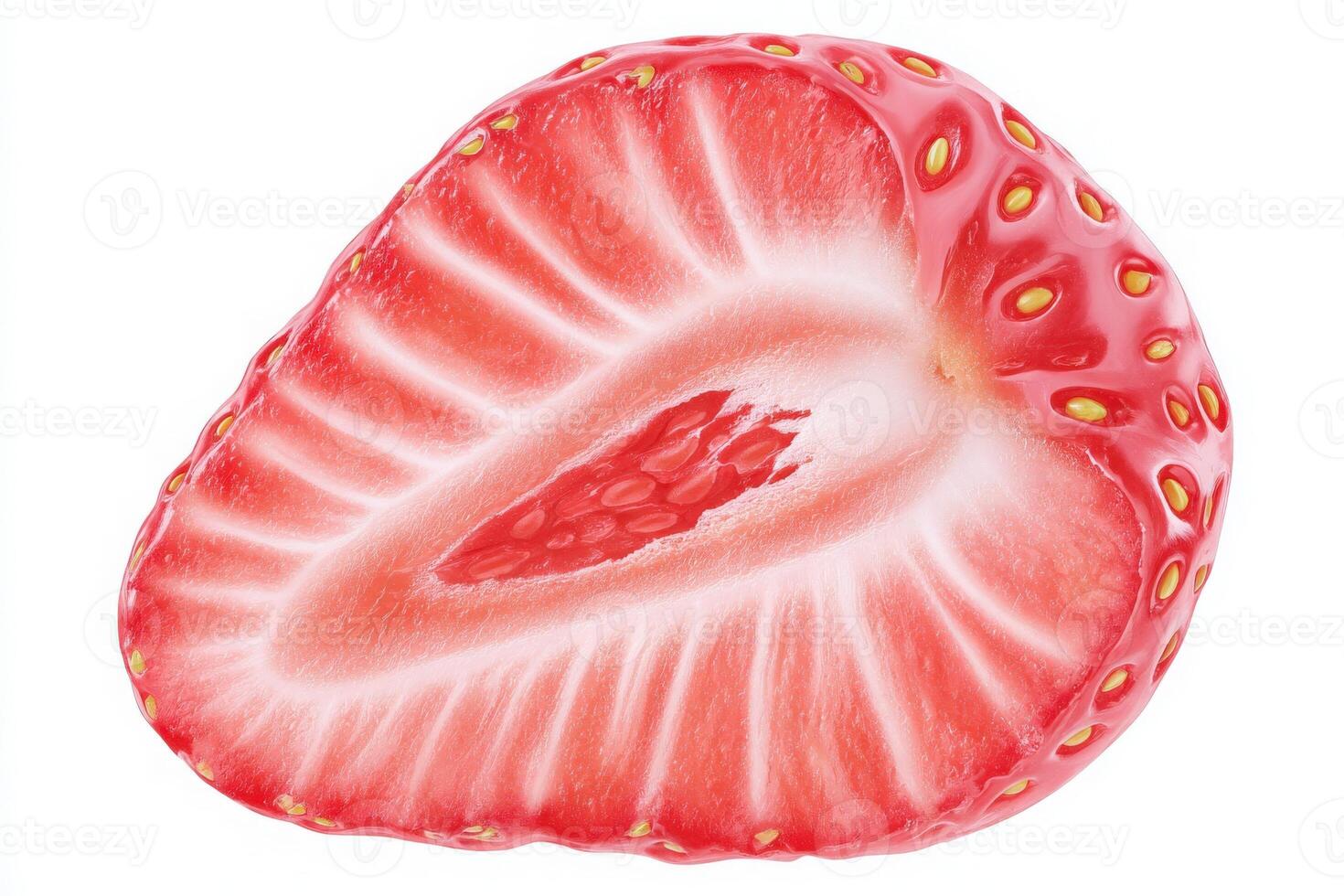 A freshly sliced strawberry reveals its bright red interior with shiny seeds. photo