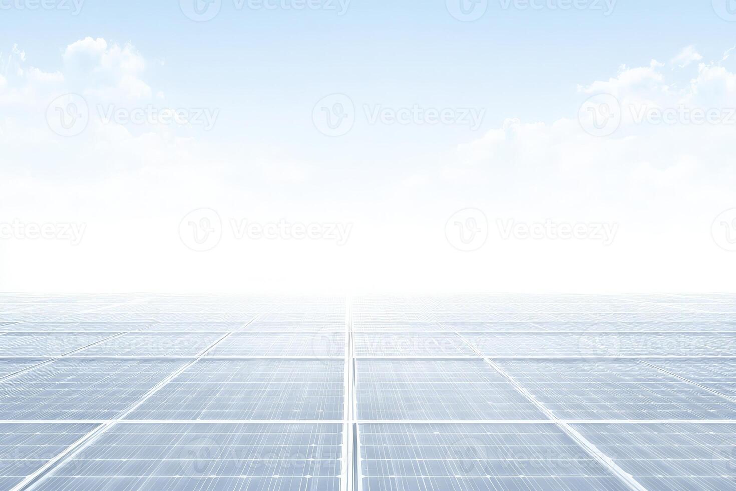 An array of solar panels spans across a vast area under a clear blue sky. Sunlight reflects off the panels, showcasing their role in sustainable energy production. photo