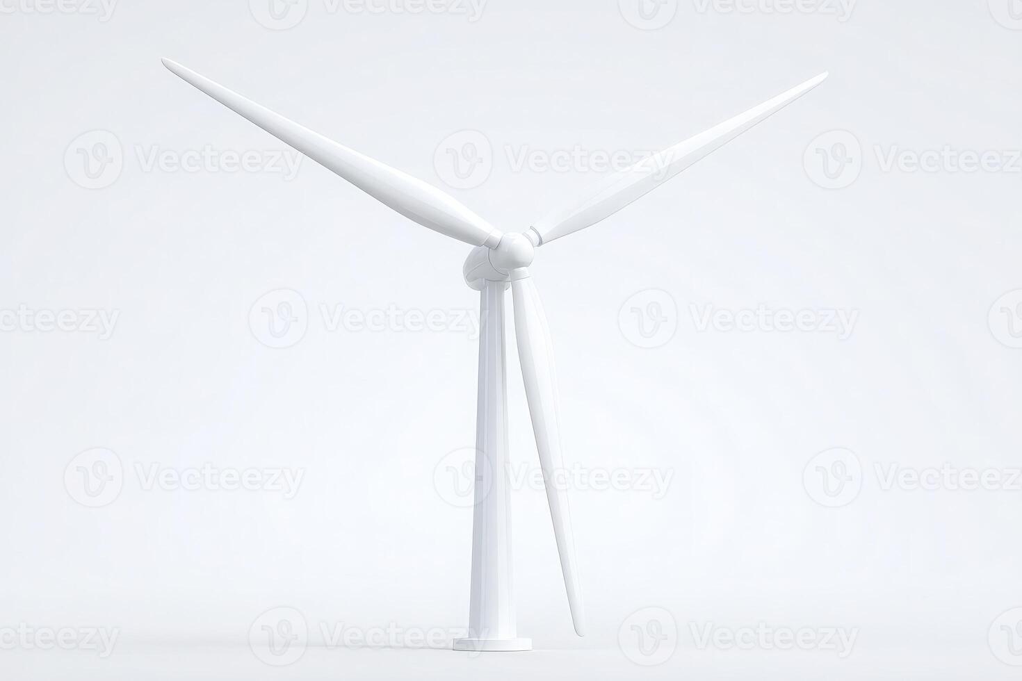 A sleek, white wind turbine stands tall against a plain background, demonstrating modern design and commitment to renewable energy. Its blades are angled to harness wind efficiently. photo