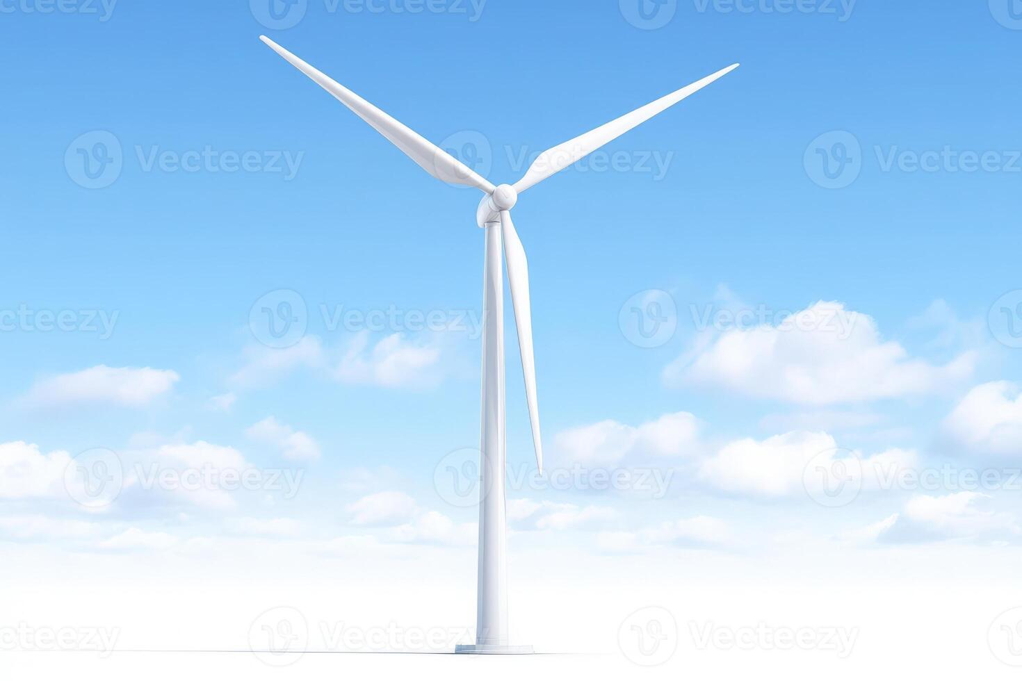 A large wind turbine dominates the landscape, its blades rotating gently in the breeze. photo