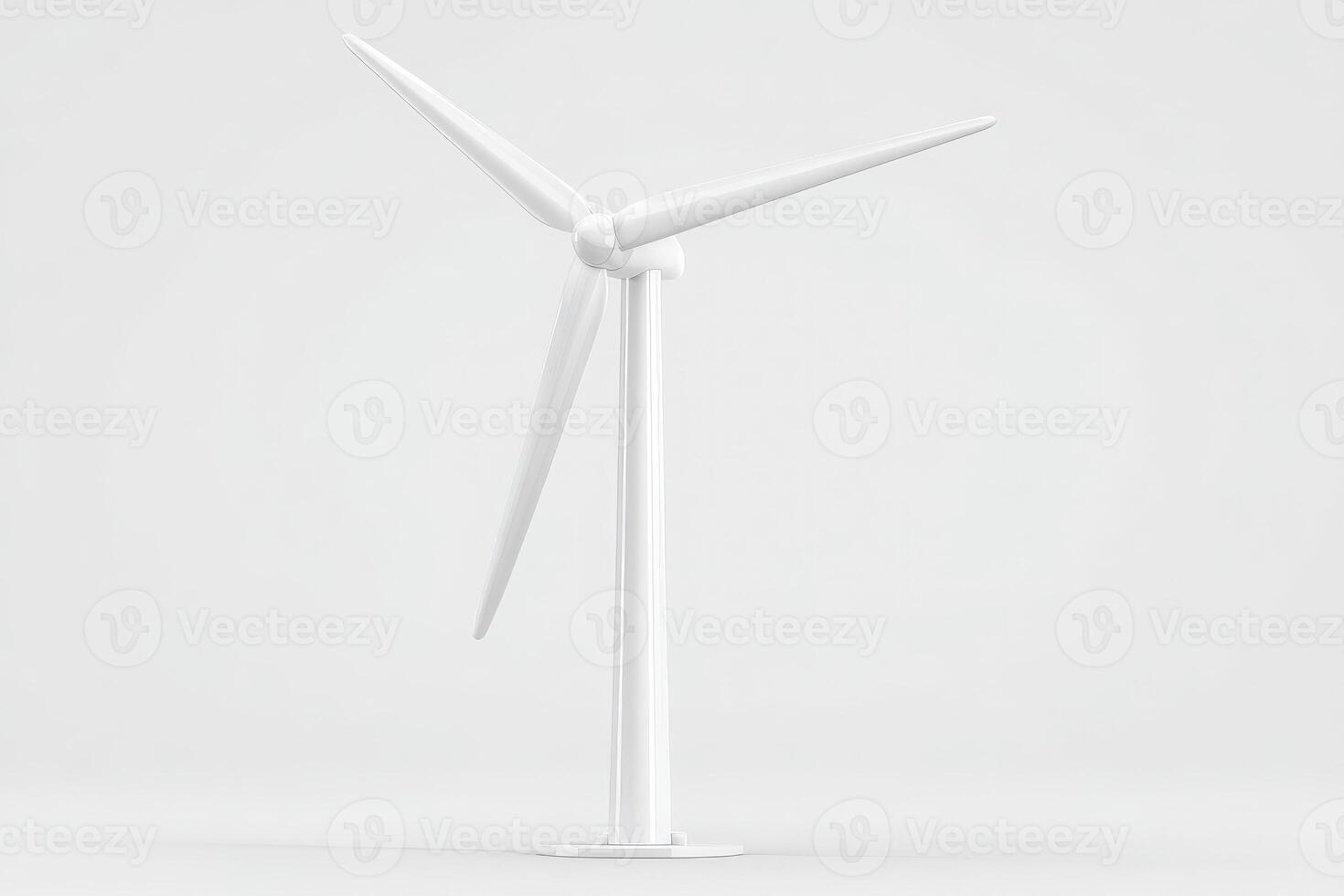 A white wind turbine model stands prominently against a plain background, showcasing its three blades. This representation highlights the focus on renewable energy and sustainability. photo