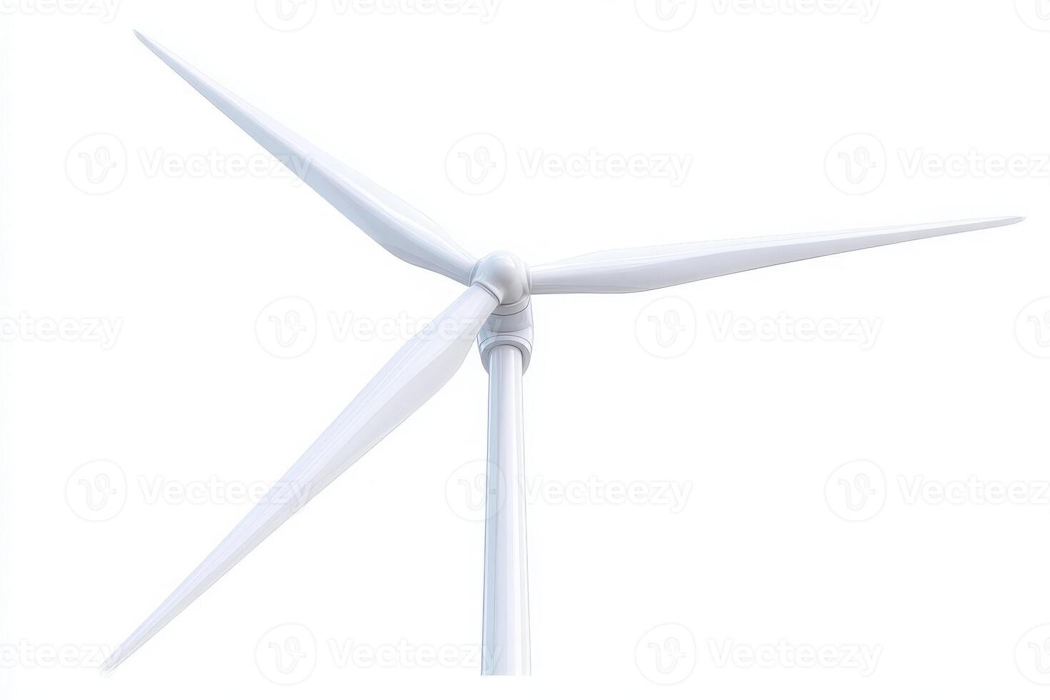 A tall wind turbine stands prominently against a blue sky, its white blades turning gracefully to generate clean energy. The scene highlights the importance of sustainable power sources. photo