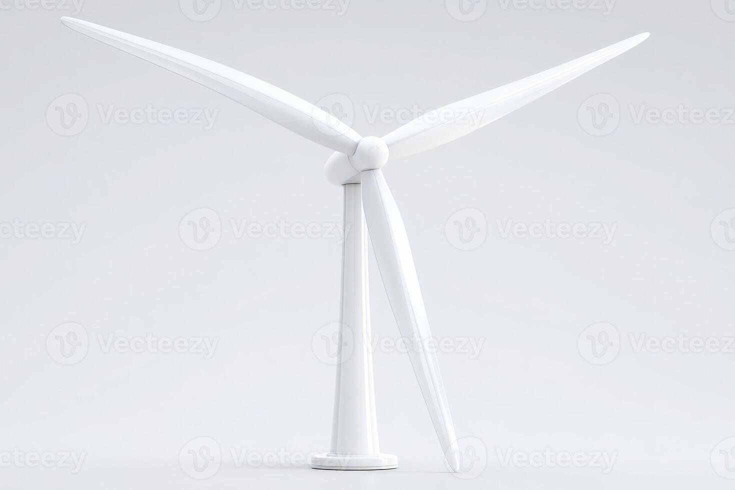 A large white wind turbine stands prominently against a minimal background. Its blades are angled to demonstrate the mechanism, emphasizing modern renewable energy solutions in a serene environment. photo
