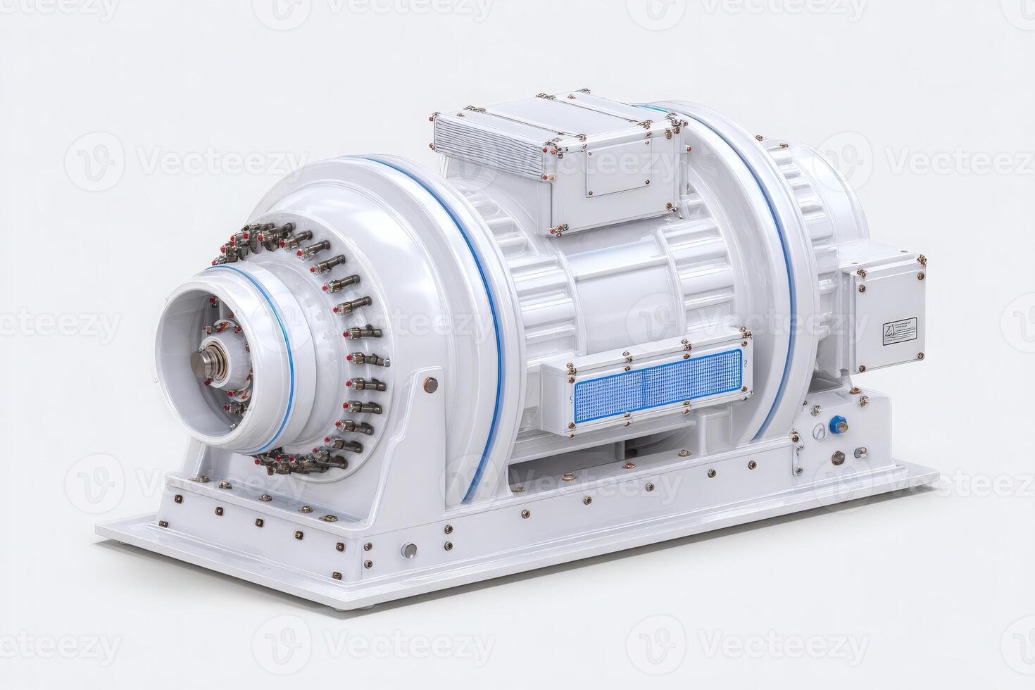 This electric motor showcases advanced engineering with a sleek white casing and blue accents. It is built for industrial applications and emphasizes power and efficiency. photo