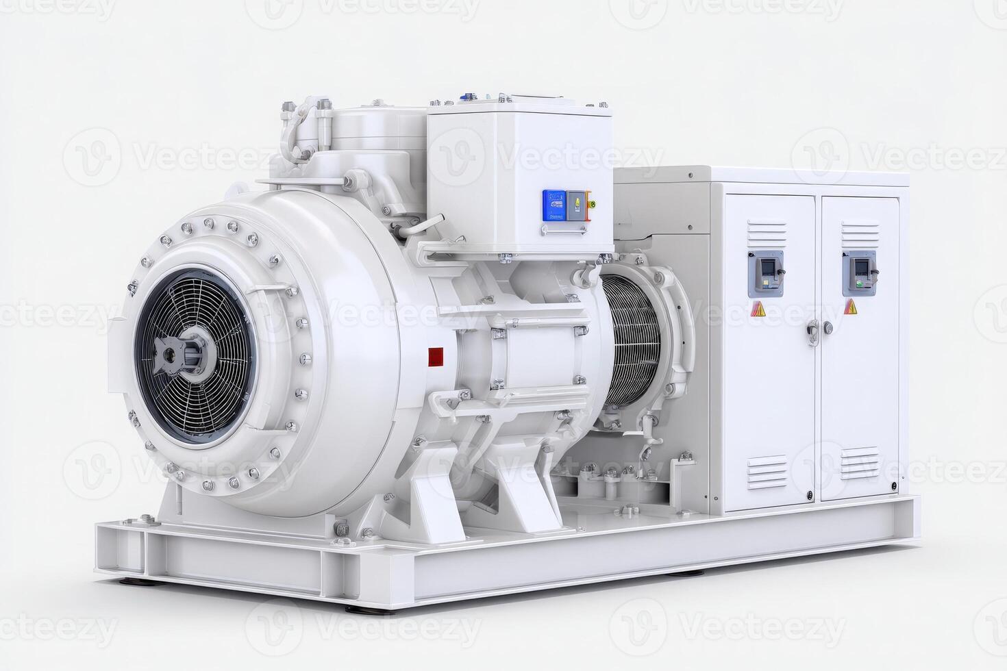 This gas turbine generator features a white casing with multiple components. It is positioned on a sturdy base, suitable for industrial applications. The design emphasizes efficiency and performance. photo
