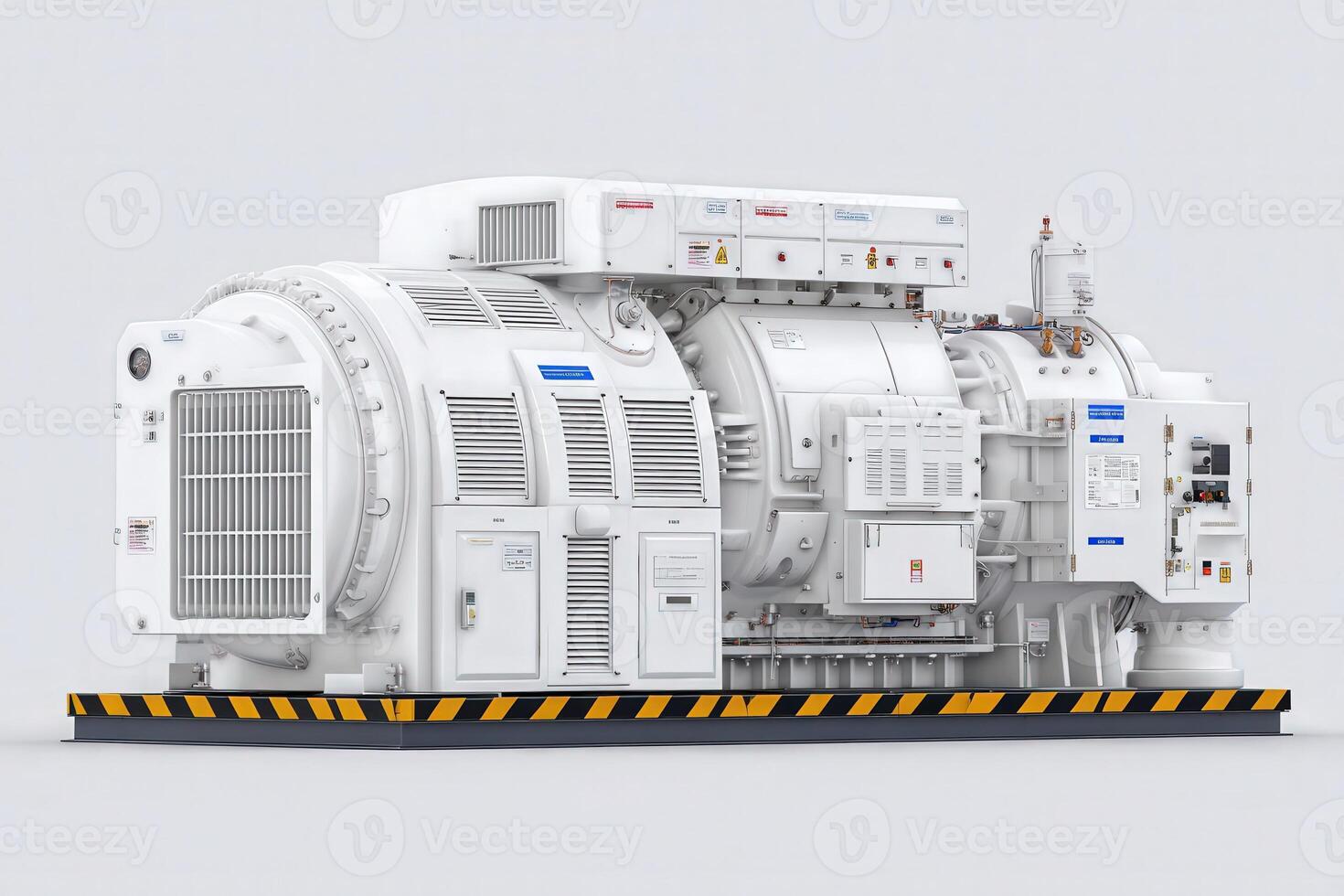 A high-efficiency industrial generator is showcased prominently on a black platform, featuring a white casing with various technical components and labels visible. photo