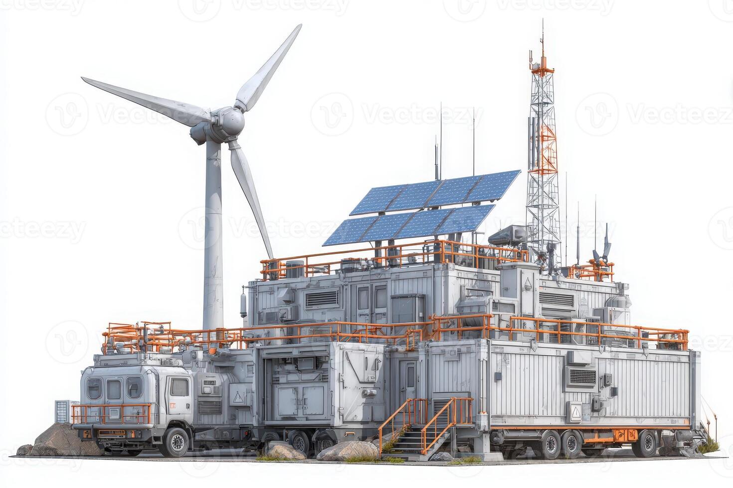 This facility showcases a modern approach to renewable energy, integrating wind turbines and solar panels. Its unique structure includes shipping containers and emphasizes sustainability. photo