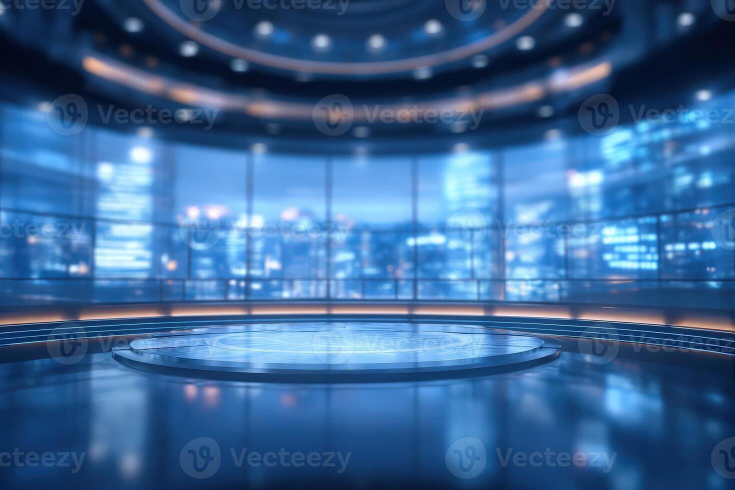 A sleek and modern studio features blue lighting and a polished floor, with panoramic windows showcasing a vibrant cityscape. Ideal for presentations or events, the space feels dynamic and inviting. photo