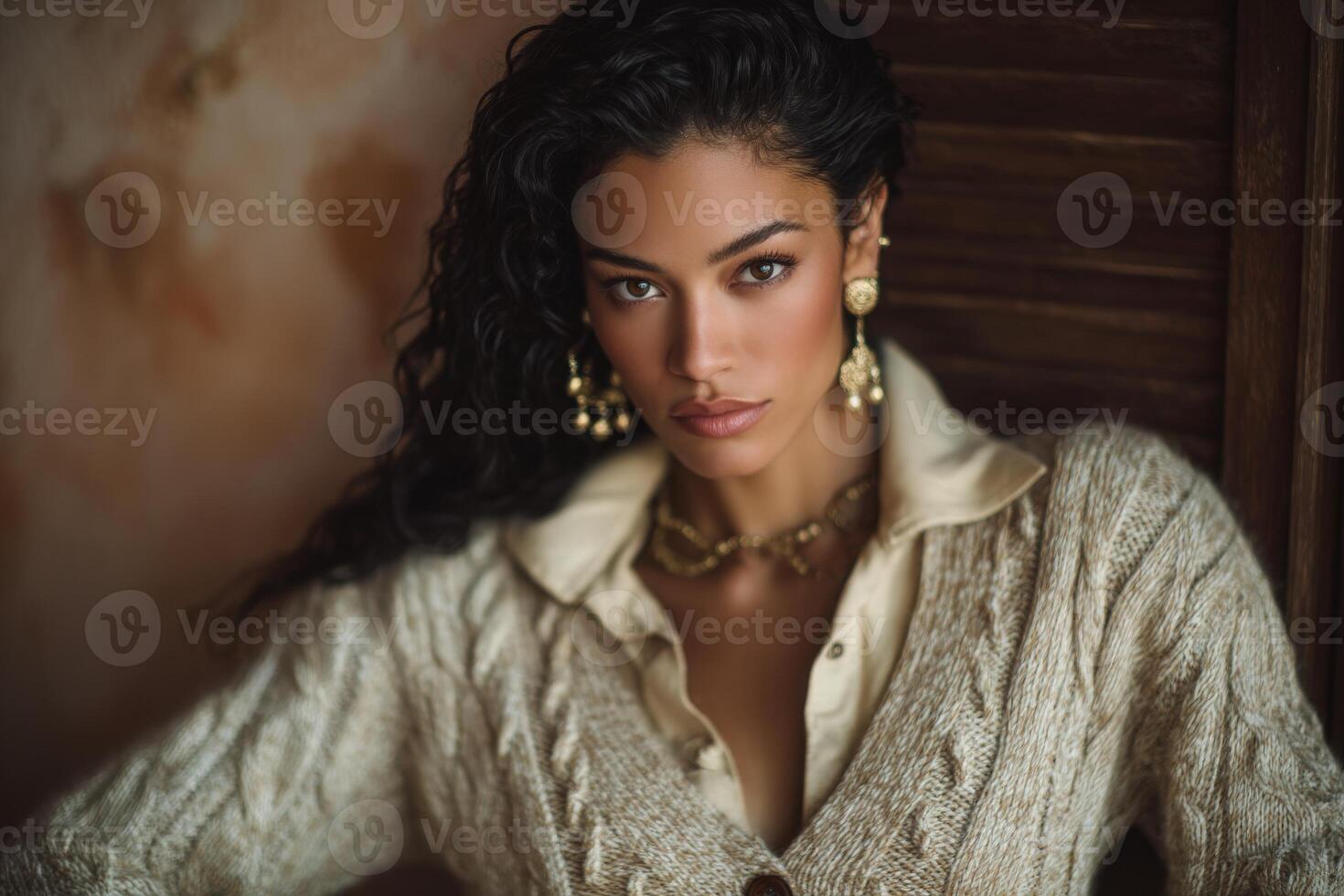 A confident model poses elegantly in a cozy knit sweater, surrounded by warm tones and textured wall. Her expressive gaze and styled curls create a striking visual appeal, enhancing the fashion aura. photo