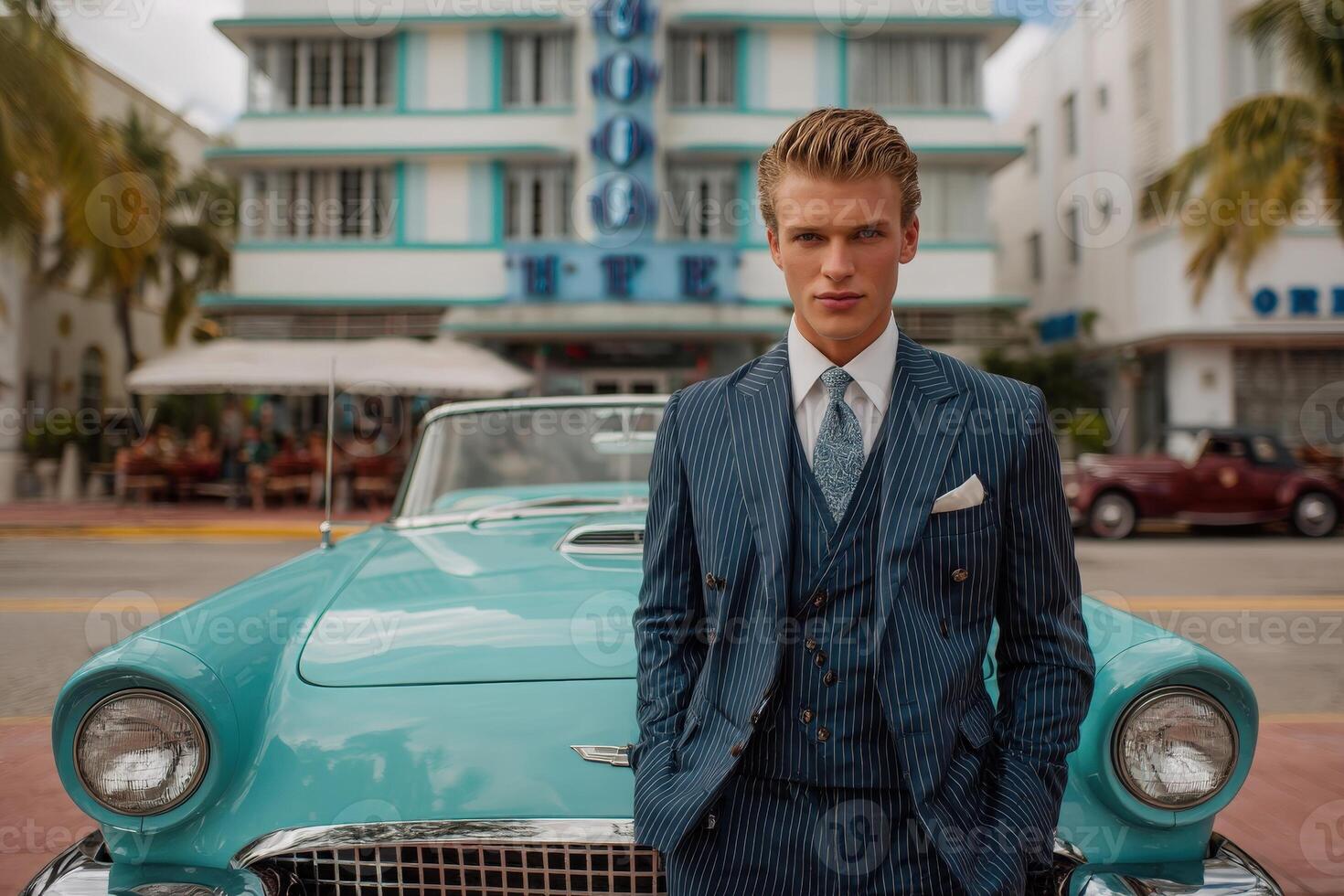 A well-dressed young man stands confidently beside a classic turquoise car on a lively street. Palm trees surround charming architecture in a sunny urban setting, embodying a vibrant atmosphere. photo