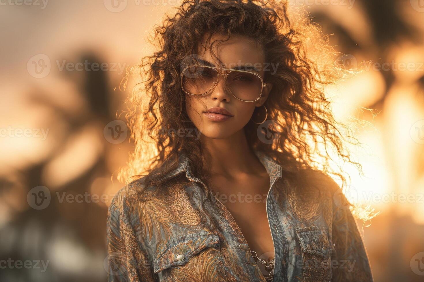 A young woman with curly hair and sunglasses stands in front of a vibrant sunset and palm trees, embodying a relaxed yet stylish vibe typical of a tropical evening setting. photo
