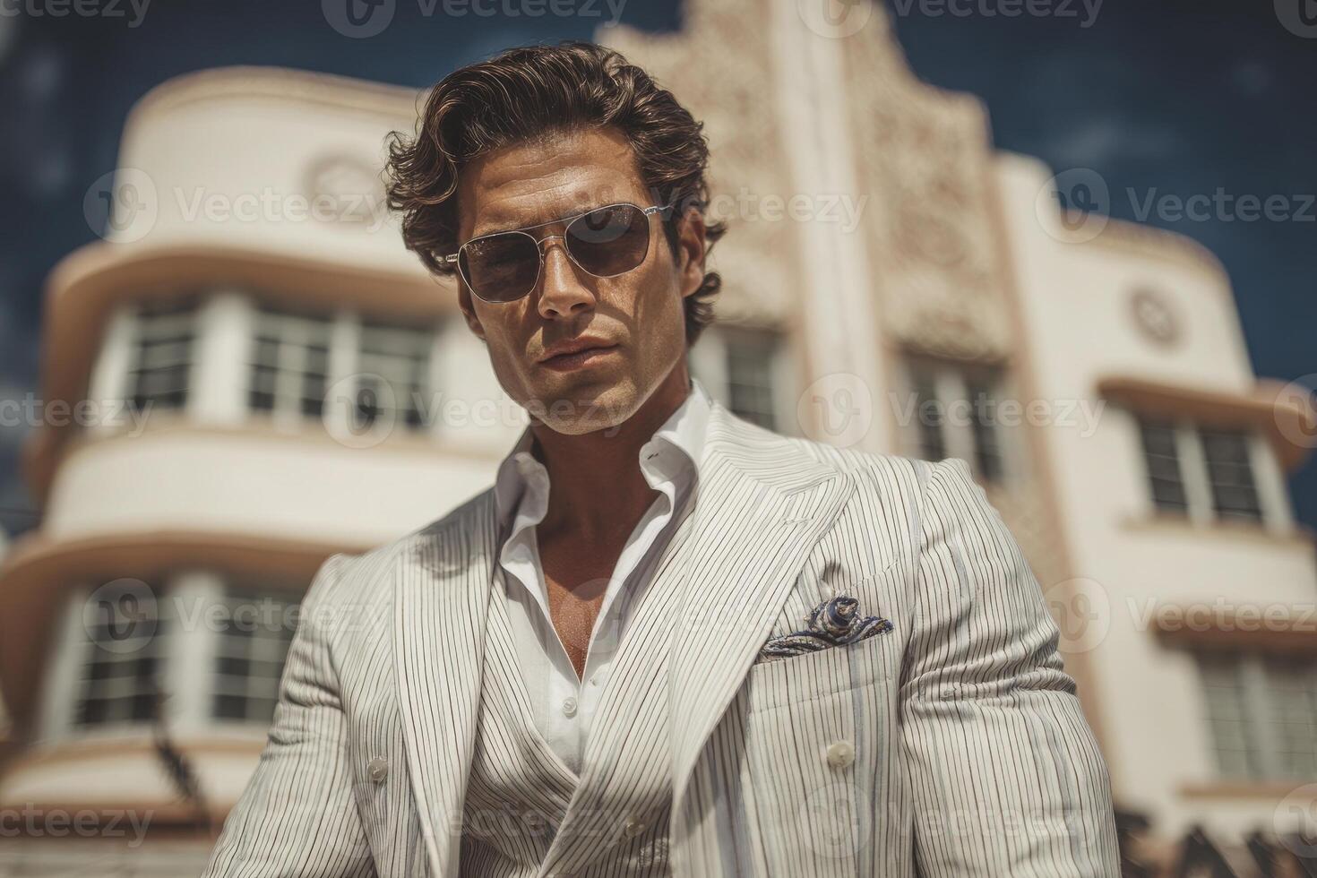 A well-dressed man wearing sunglasses stands confidently in front of a vintage art deco building, showcasing a fashionable white striped suit. The sun casts a striking light on the scene. photo