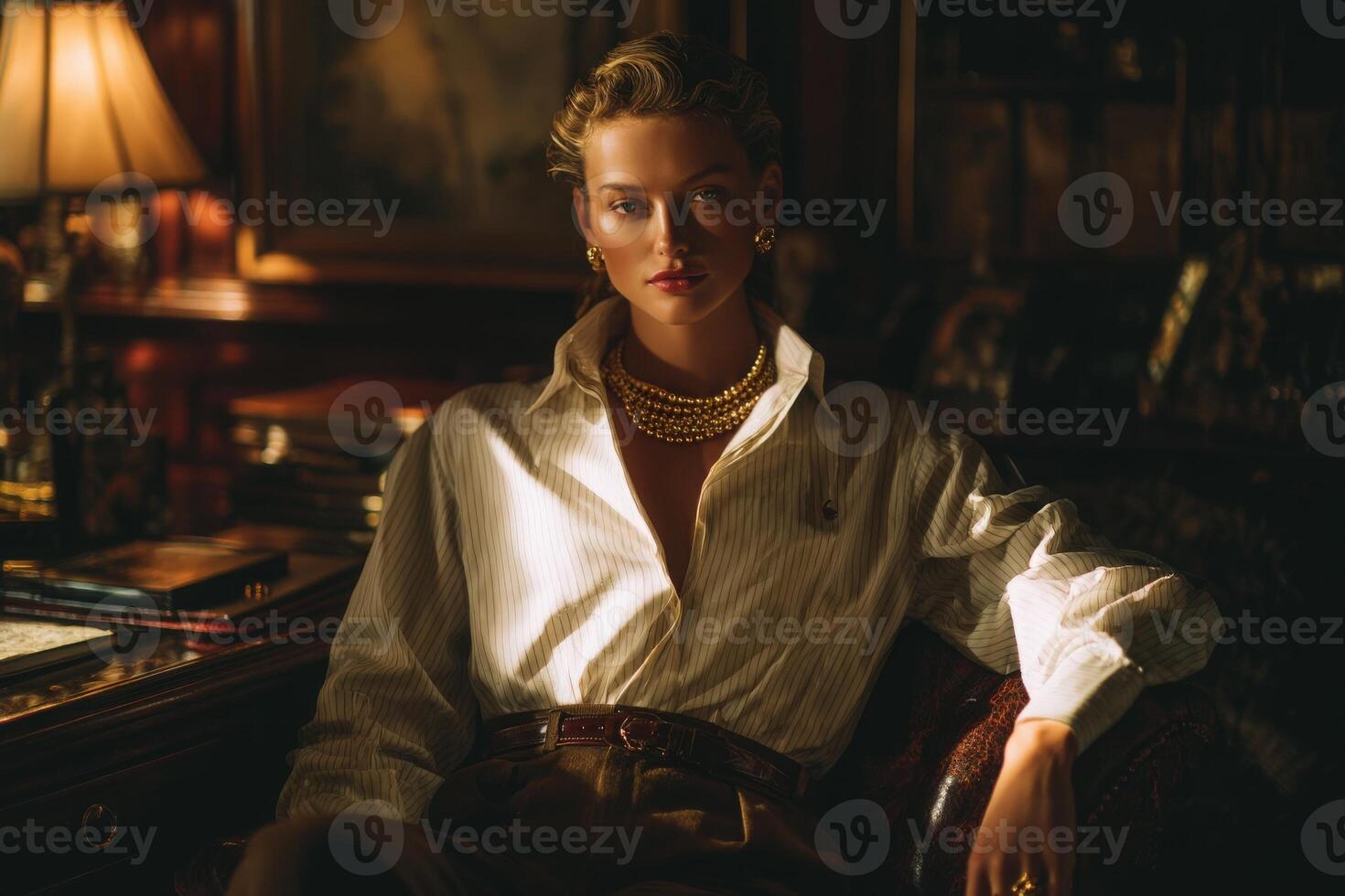A sophisticated woman sits comfortably in a dimly lit room, exuding elegance. Wearing a stylish outfit complemented by jewelry, she gazes thoughtfully while surrounded by rich decor. photo