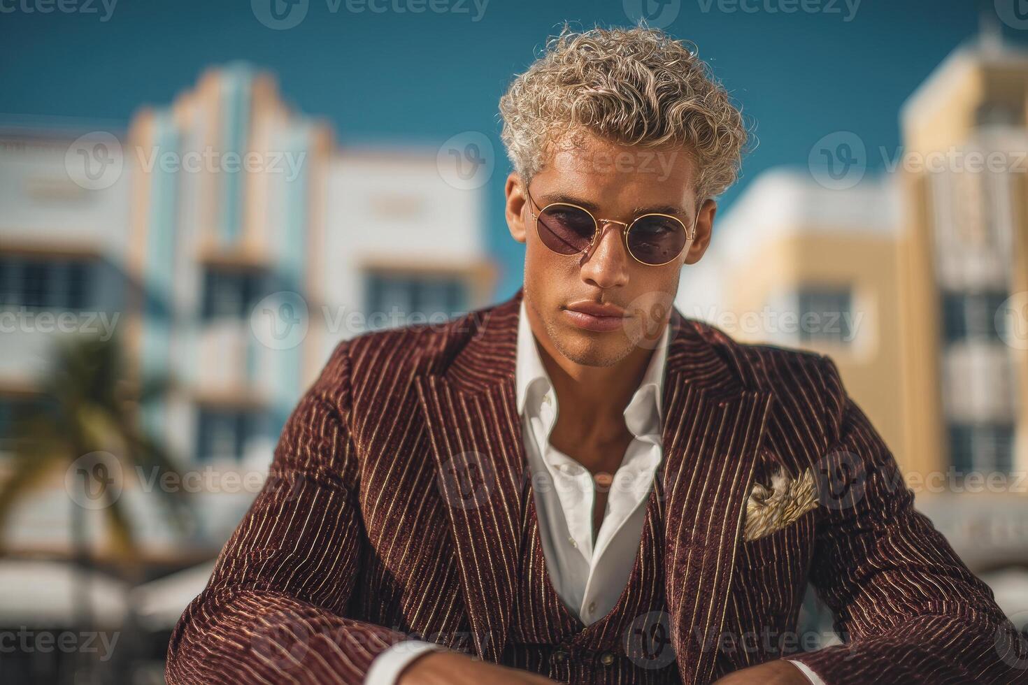 A fashionable man with curly hair and sunglasses sits thoughtfully, dressed in a striped suit. Bright buildings and palm trees create a lively atmosphere under a clear sky. photo
