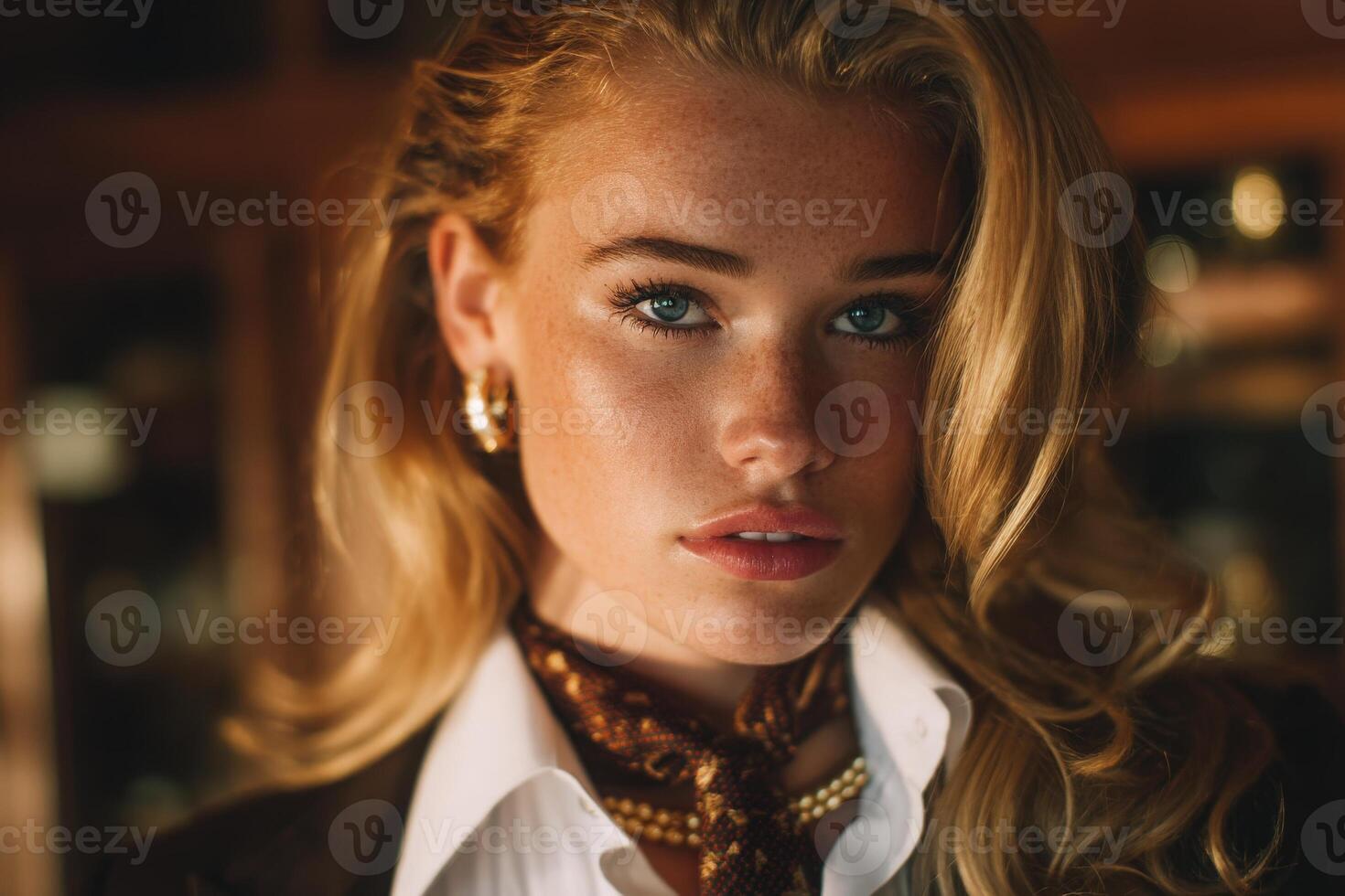 A young woman with long blonde hair poses confidently, showcasing her stylish outfit and accessories. The warm lighting highlights her features and creates an inviting atmosphere. photo