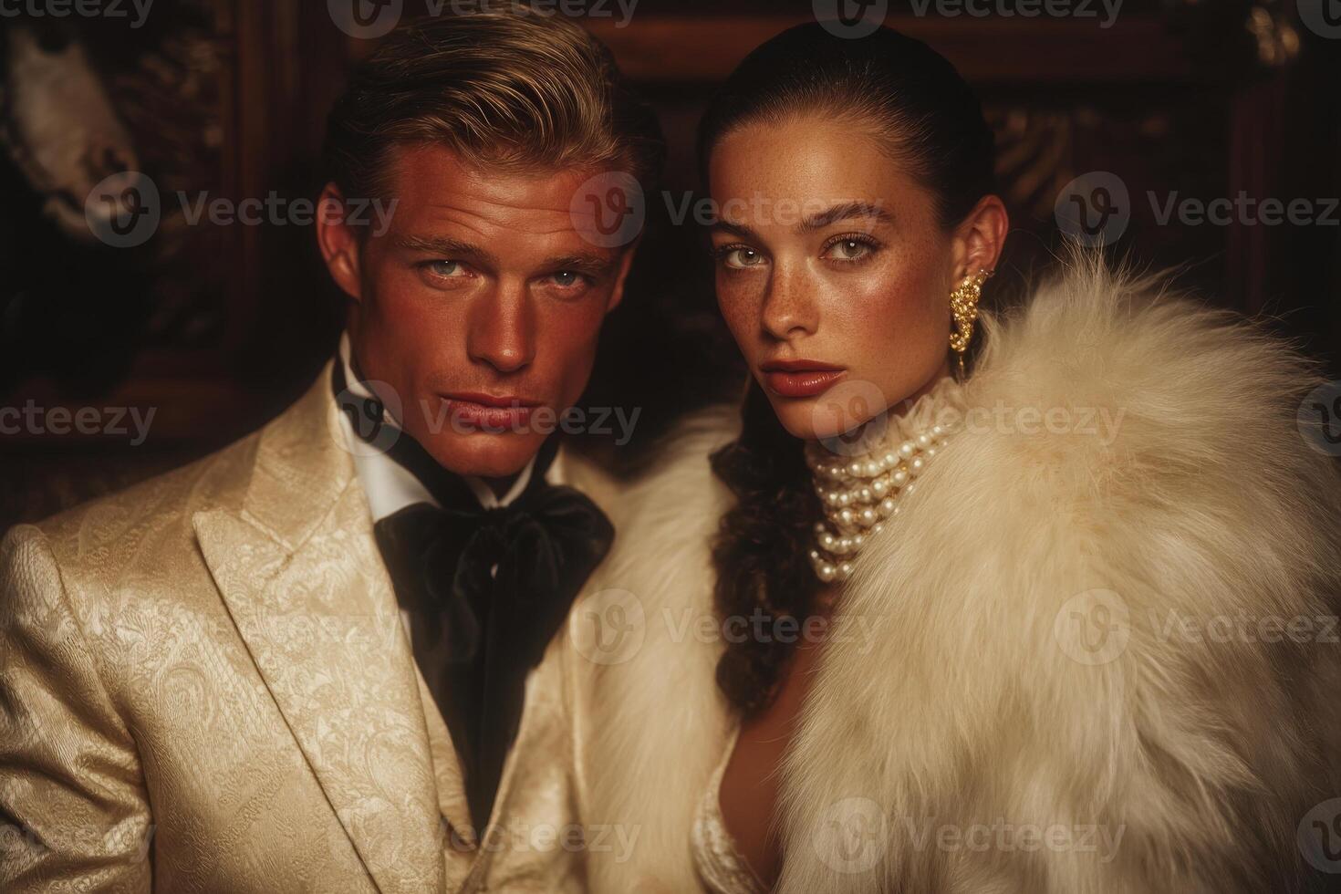A stylish couple stands closely together, radiating sophistication and glamour. photo