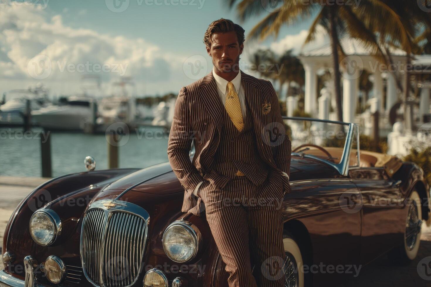 A man wearing a stylish striped suit stands confidently beside a classic convertible car. The marina backdrop features boats and palm trees under a bright sky during the evening light. photo