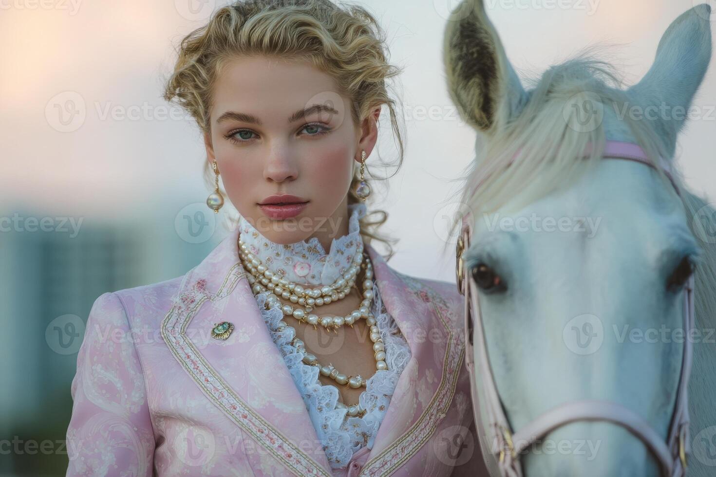 A graceful young woman stands beside a beautiful white horse, wearing an elegant outfit with intricate details. The background features a soft sunset, adding to the tranquil ambiance of the moment. photo