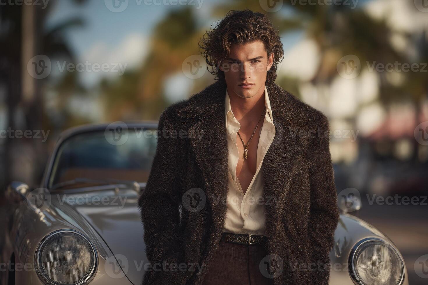 A young man dressed in a fashionable brown coat stands confidently next to a vintage silver car under a blue sky. Palm trees are visible in the background, hinting at a warm climate. photo