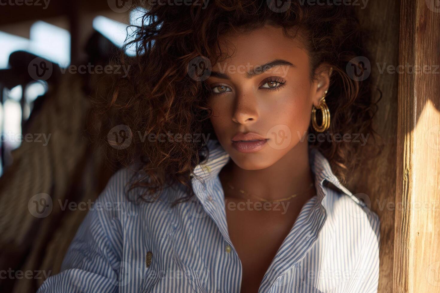 A young woman with beautiful curly hair leans against a wooden structure. She wears a striped shirt and has a confident expression, showcasing her natural beauty in a warm light. photo