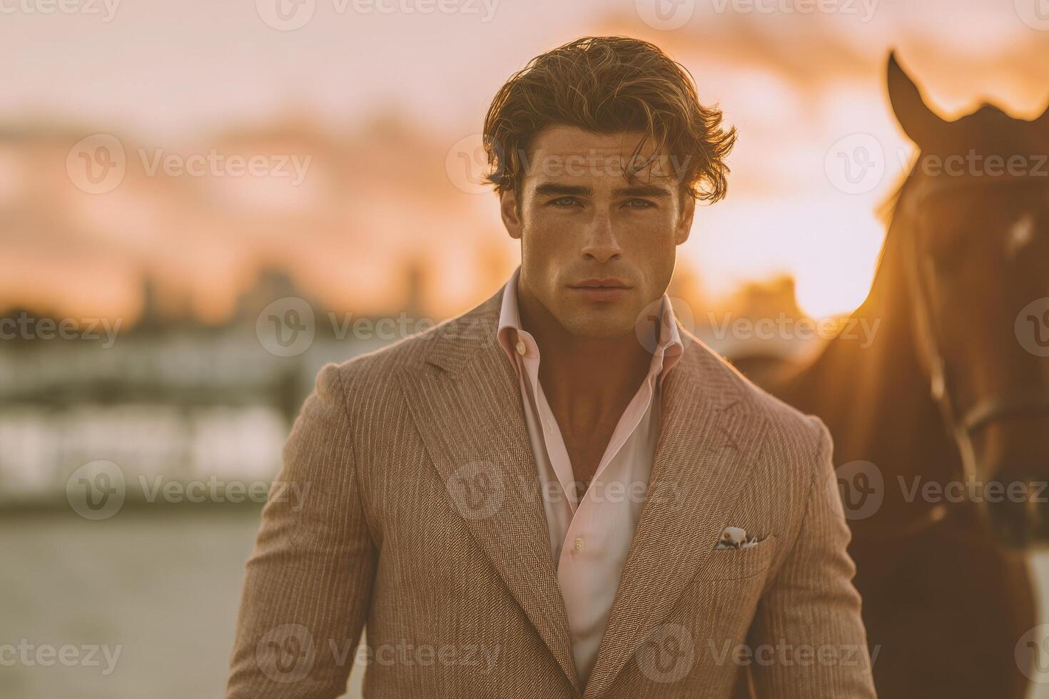 A well-dressed man stands next to a horse, gazing intensely at the camera. The warm sunset casts a golden glow over the scene, highlighting his sharp features and the elegance of his suit. photo