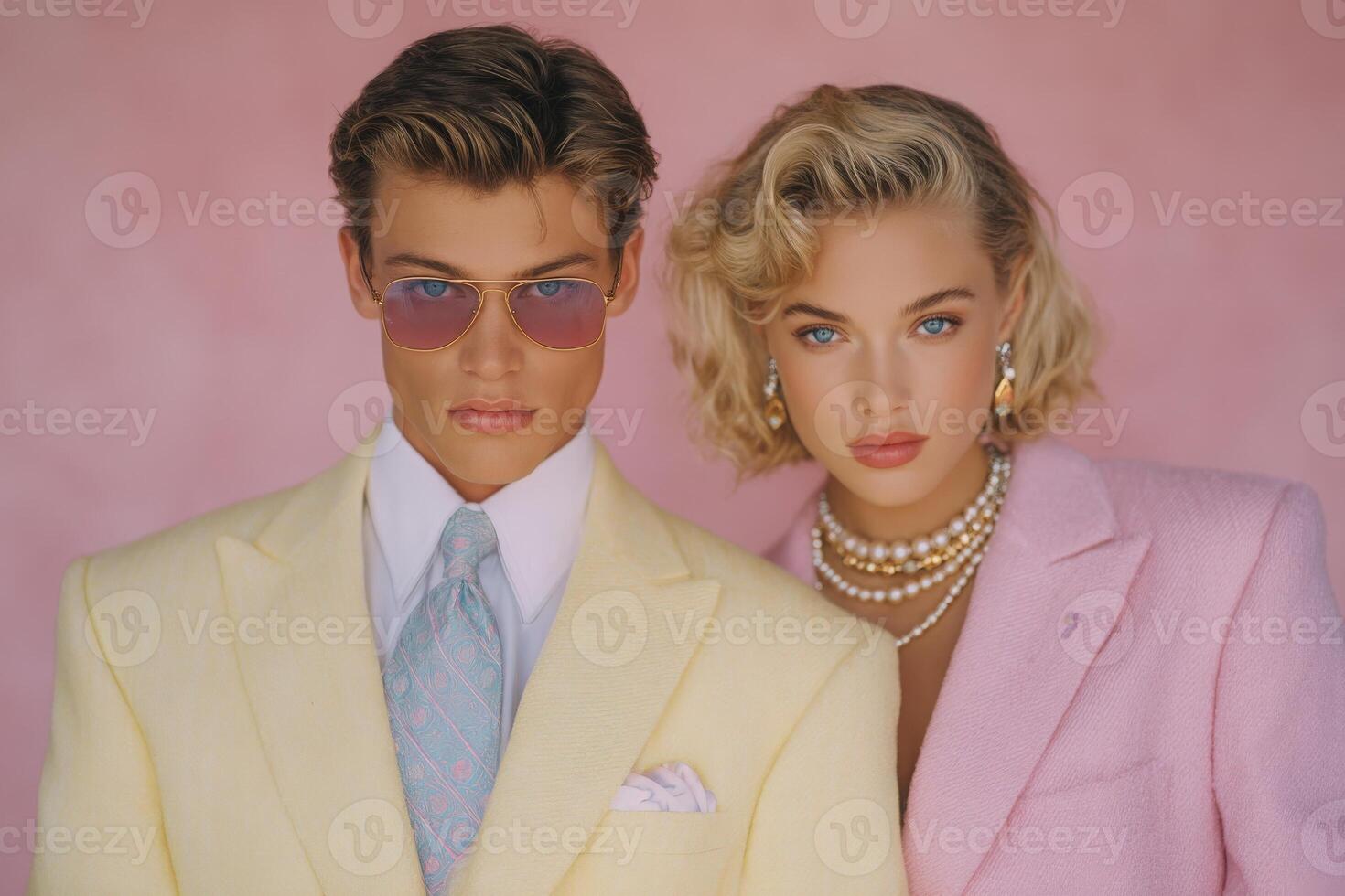 A stylish young man and woman stand close together, both dressed in vibrant pastel suits. photo