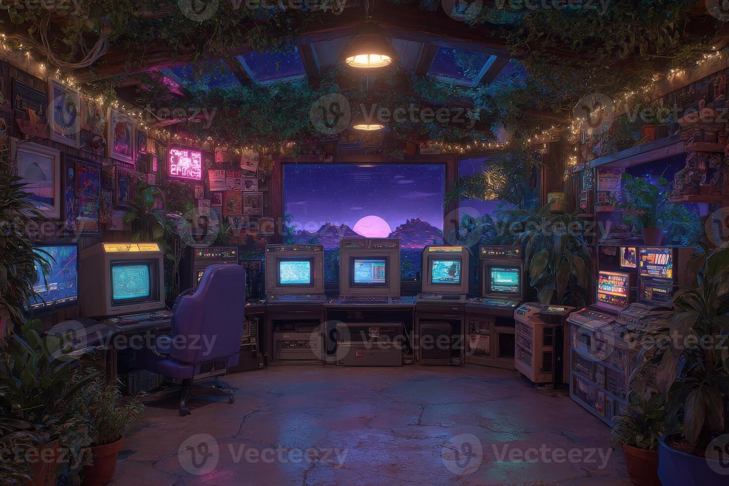 An immersive gaming room features vintage computers, glowing plants, and warm lighting. Through the large window, a stunning sunset casts colorful hues, creating a nostalgic atmosphere. photo