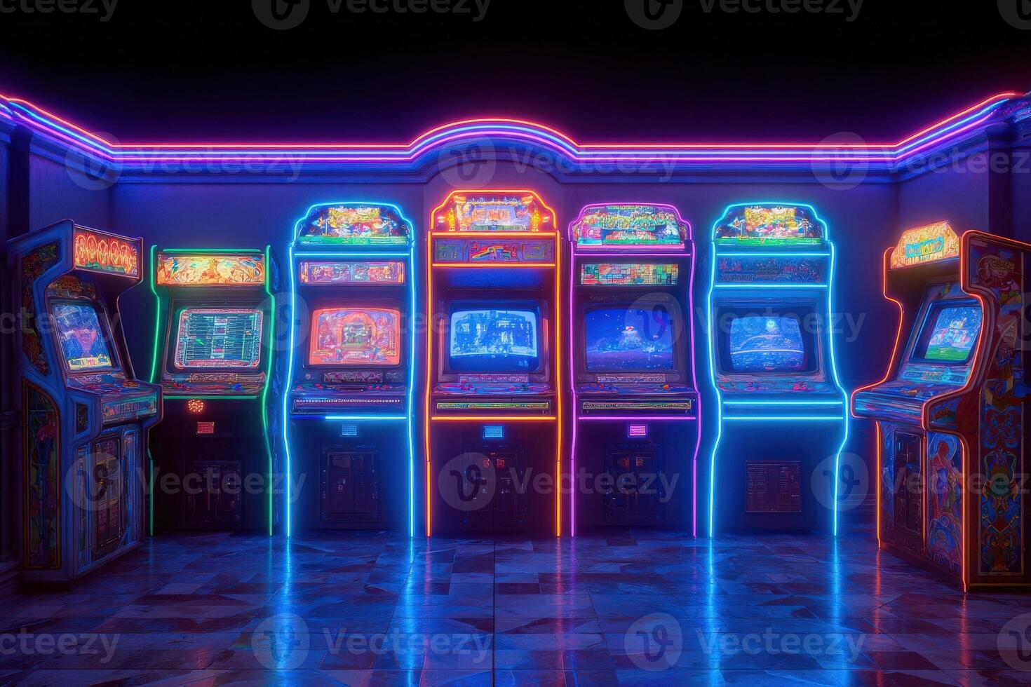 Bright neon lights outline a row of classic arcade gaming machines. photo