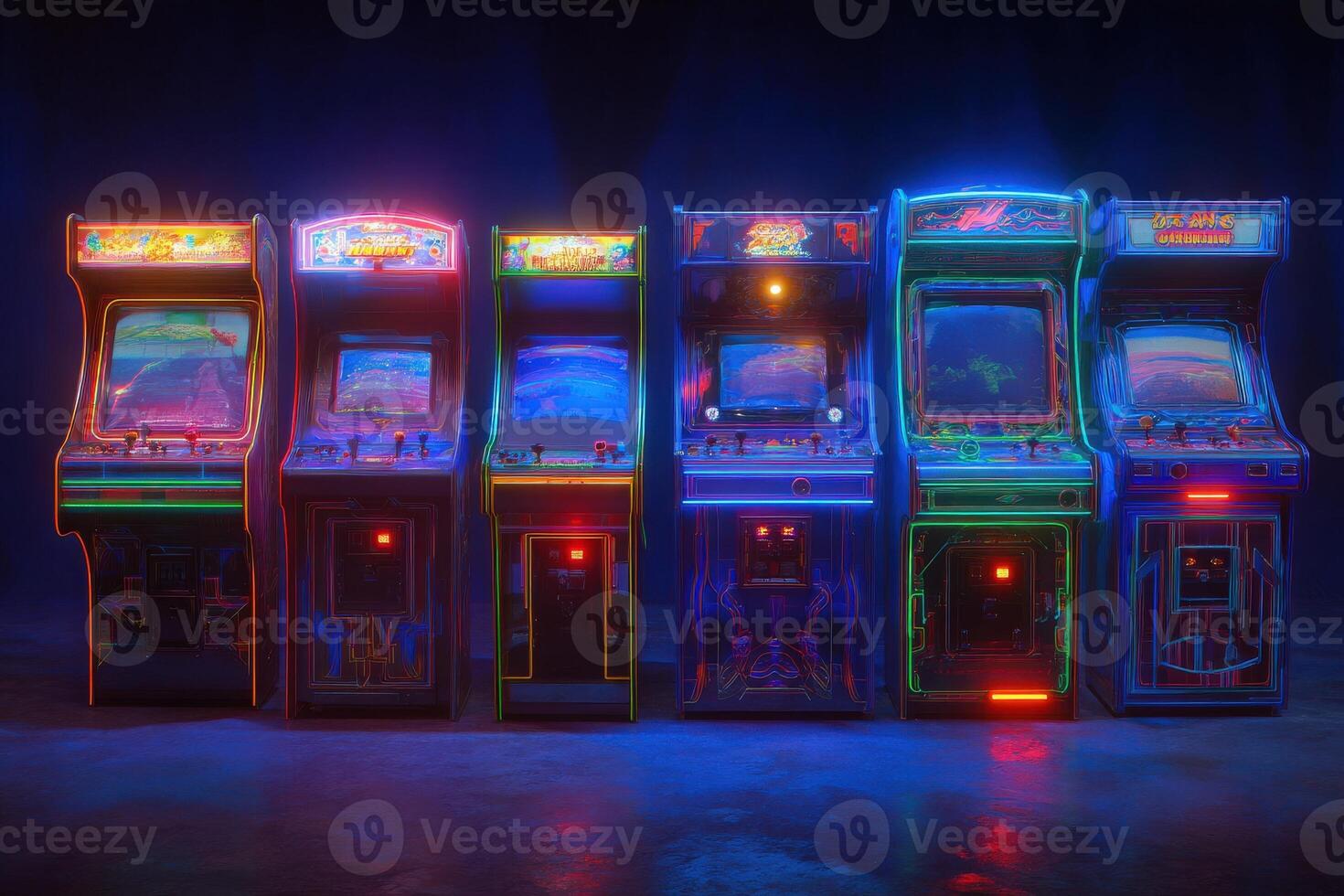 Six classic arcade machines stand in a dimly lit space, illuminated by colorful neon lights. Each machine showcases a unique design, reminiscent of vintage gaming culture. photo