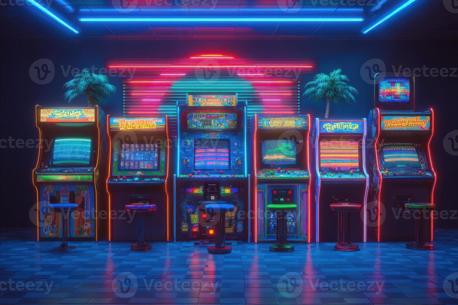 A collection of vintage arcade machines is illuminated by vibrant neon lights in a dimly lit room. photo