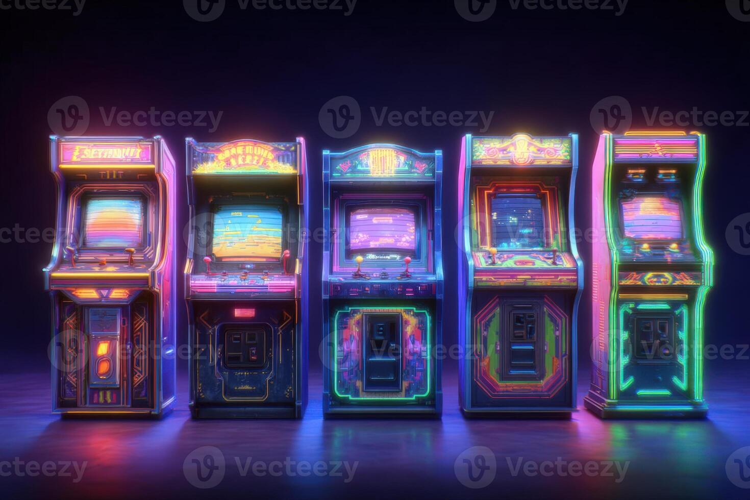 Five retro arcade machines with glowing neon accents sit prominently in a dark space, inviting gamers to enjoy classic titles. The nostalgic atmosphere evokes memories of arcade culture. photo