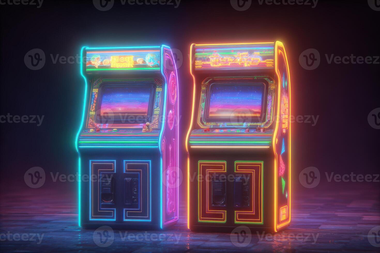 Two classic arcade machines stand side by side, glowing in neon blue and pink hues. The retro design and bright colors create a nostalgic atmosphere in a dimly lit gaming area. photo