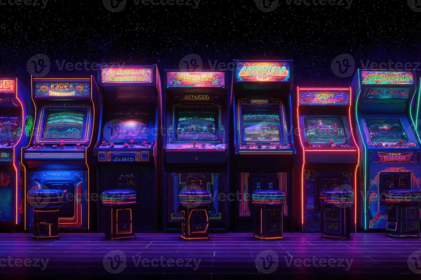 Brightly lit arcade machines line a dimly lit room, showcasing vibrant colors and game graphics. photo