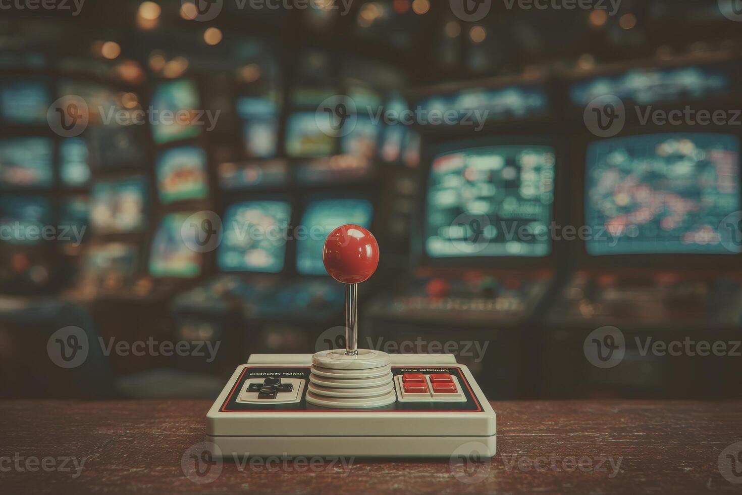 A classic gaming joystick with a red ball sits prominently on a wooden surface. In the background, several vintage televisions display various retro games. The atmosphere evokes nostalgia. photo
