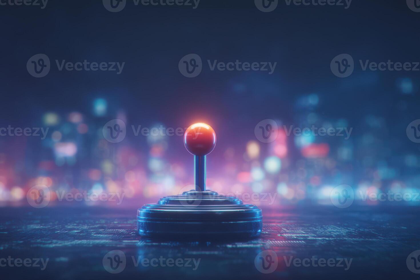A retro joystick sits prominently on a surface, lit by a soft glow. The blurred city skyline in the background is filled with colorful lights, creating a nostalgic yet modern atmosphere. photo