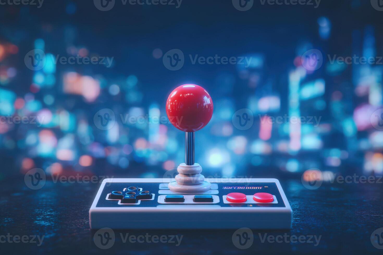 A classic arcade joystick with a bright red ball lever sits on a dark surface, illuminated by colorful city lights in the background. The atmosphere evokes nostalgia for retro gaming. photo
